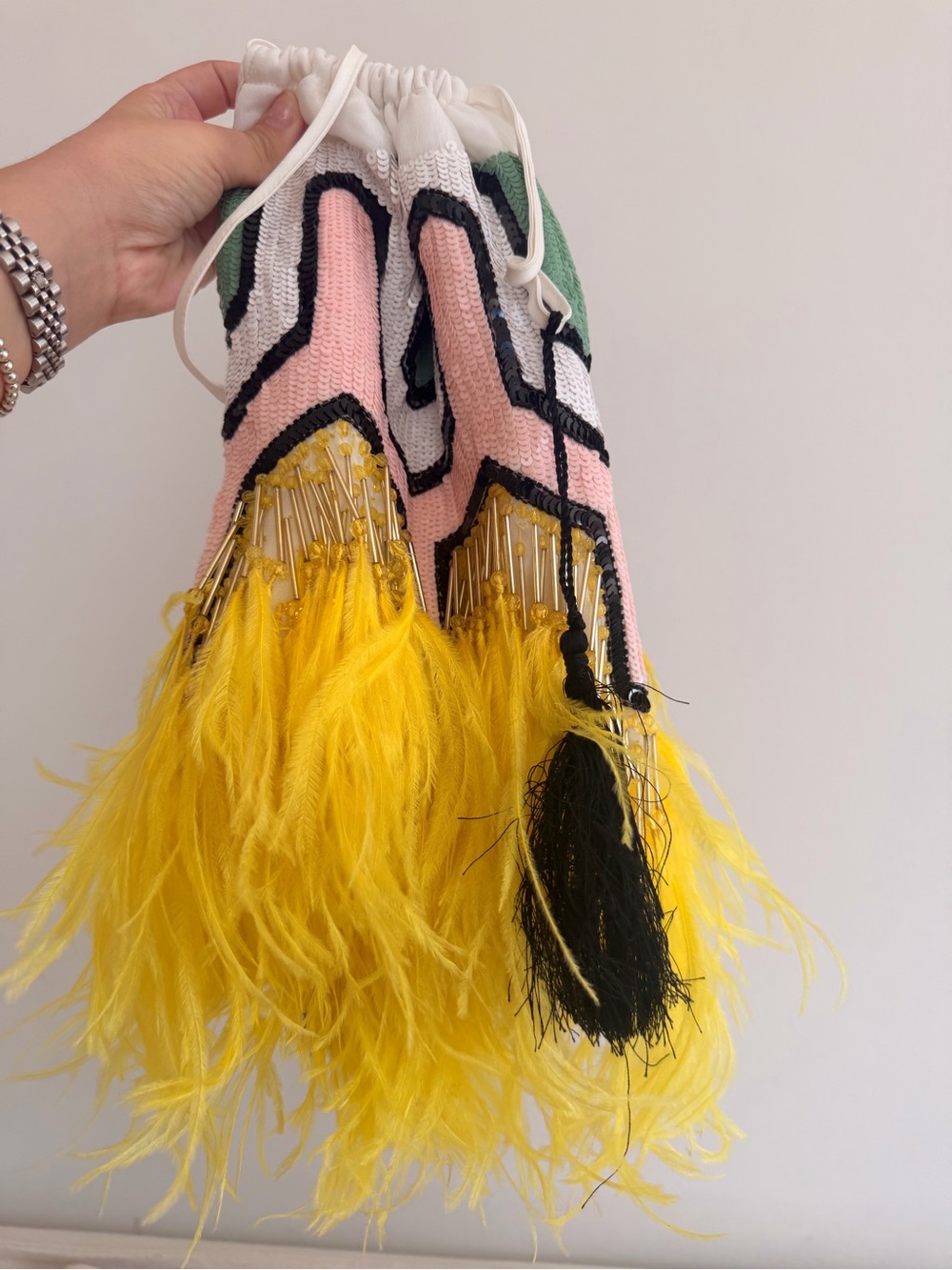 The Attico Pink, Yellow & Green Feather Drawstring Pouch